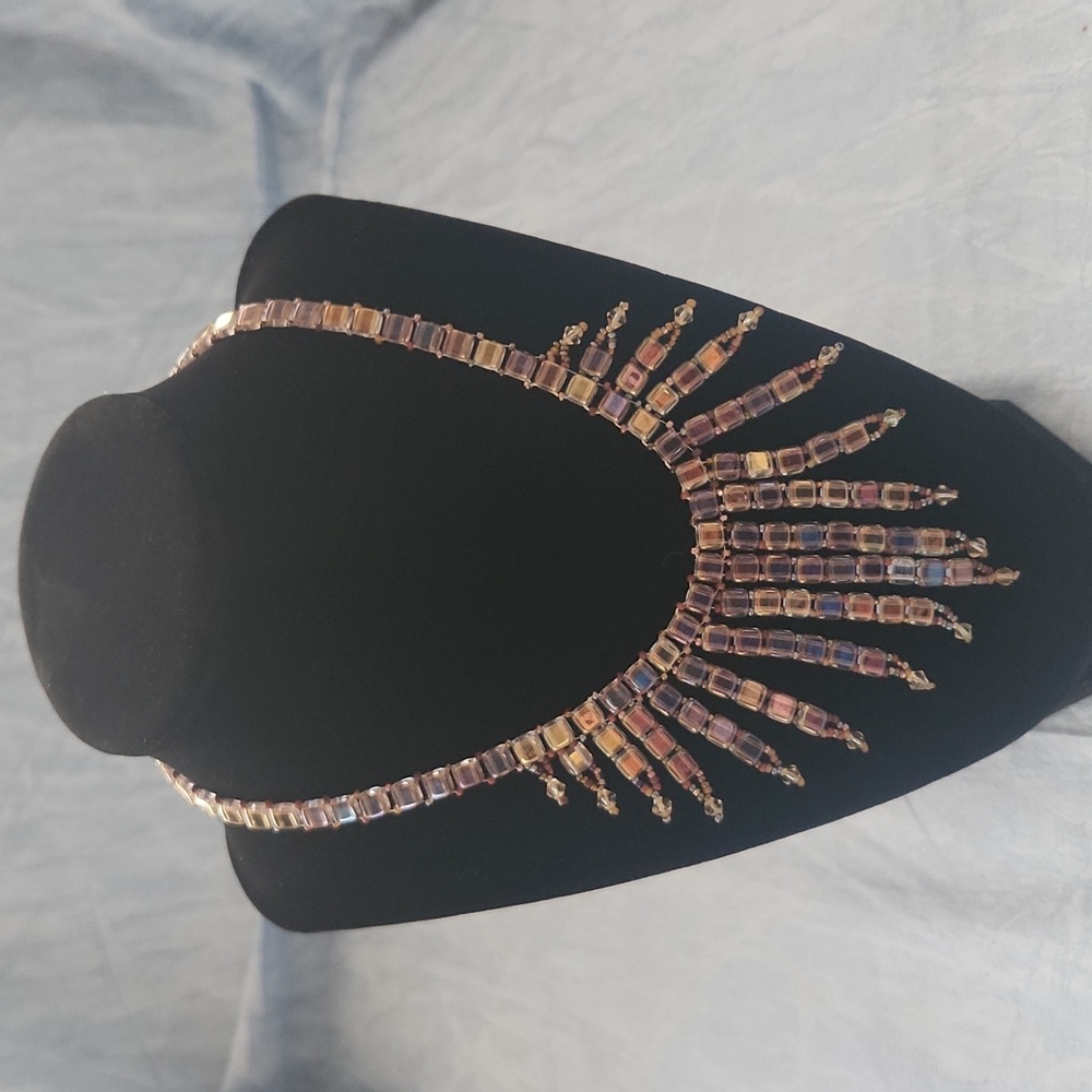 Glass Tile Bead Fringe Necklace